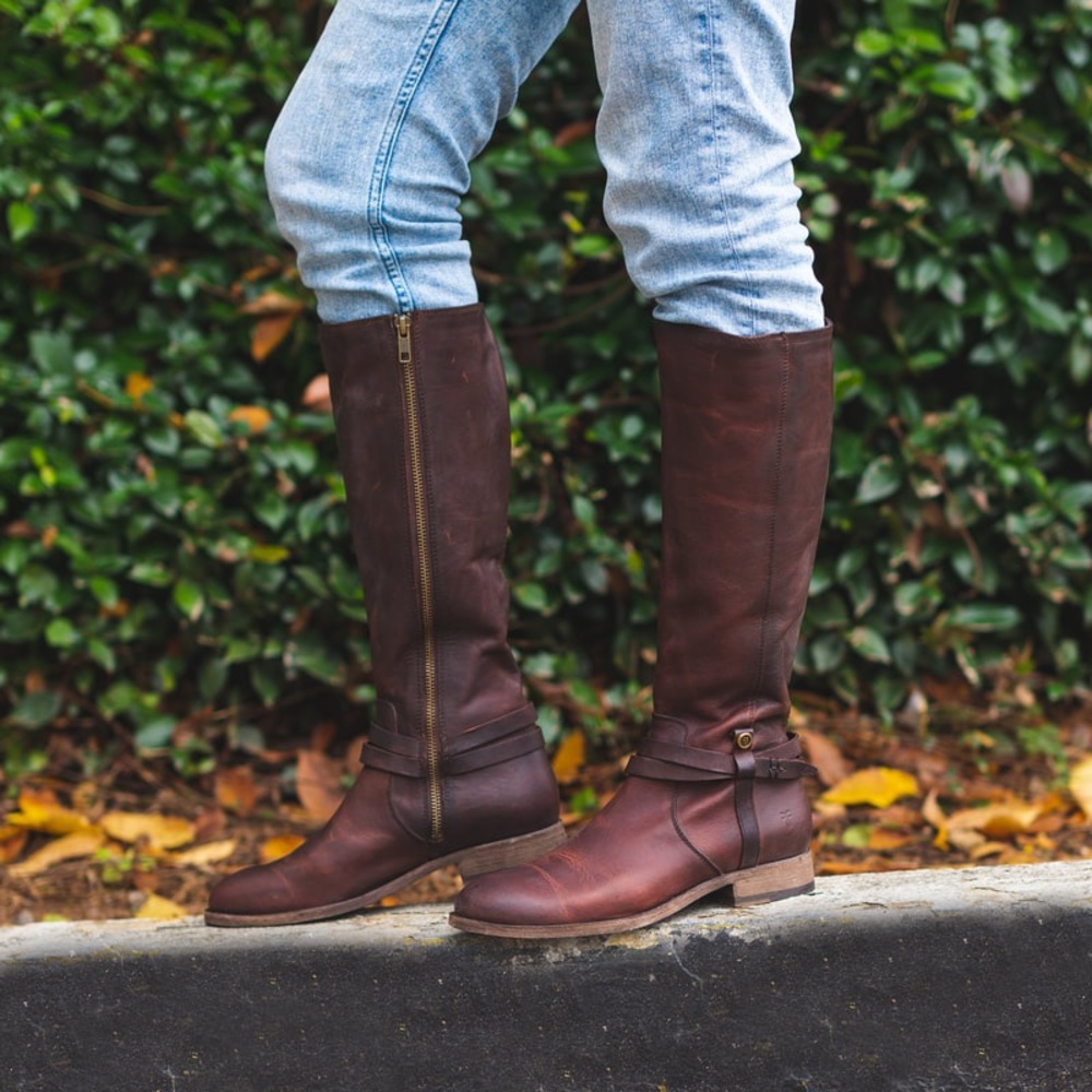 $398 Frye Melissa Belted Burgundy Brown Fall Knee High Tall Leather Riding Boots - Picture 4 of 16